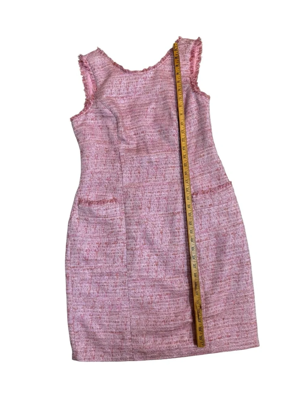 Adrianna Papell Pink Tweed Sheath Dress Fringe Cutout Back Pockets Size 12